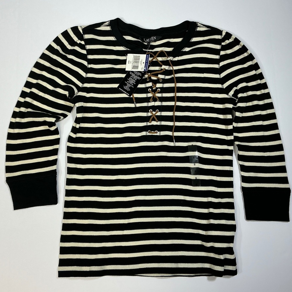 NWT Lauren Ralph Lauren Striped Lace-Up Waffle Knit Top Long‎ Sleeve Black S